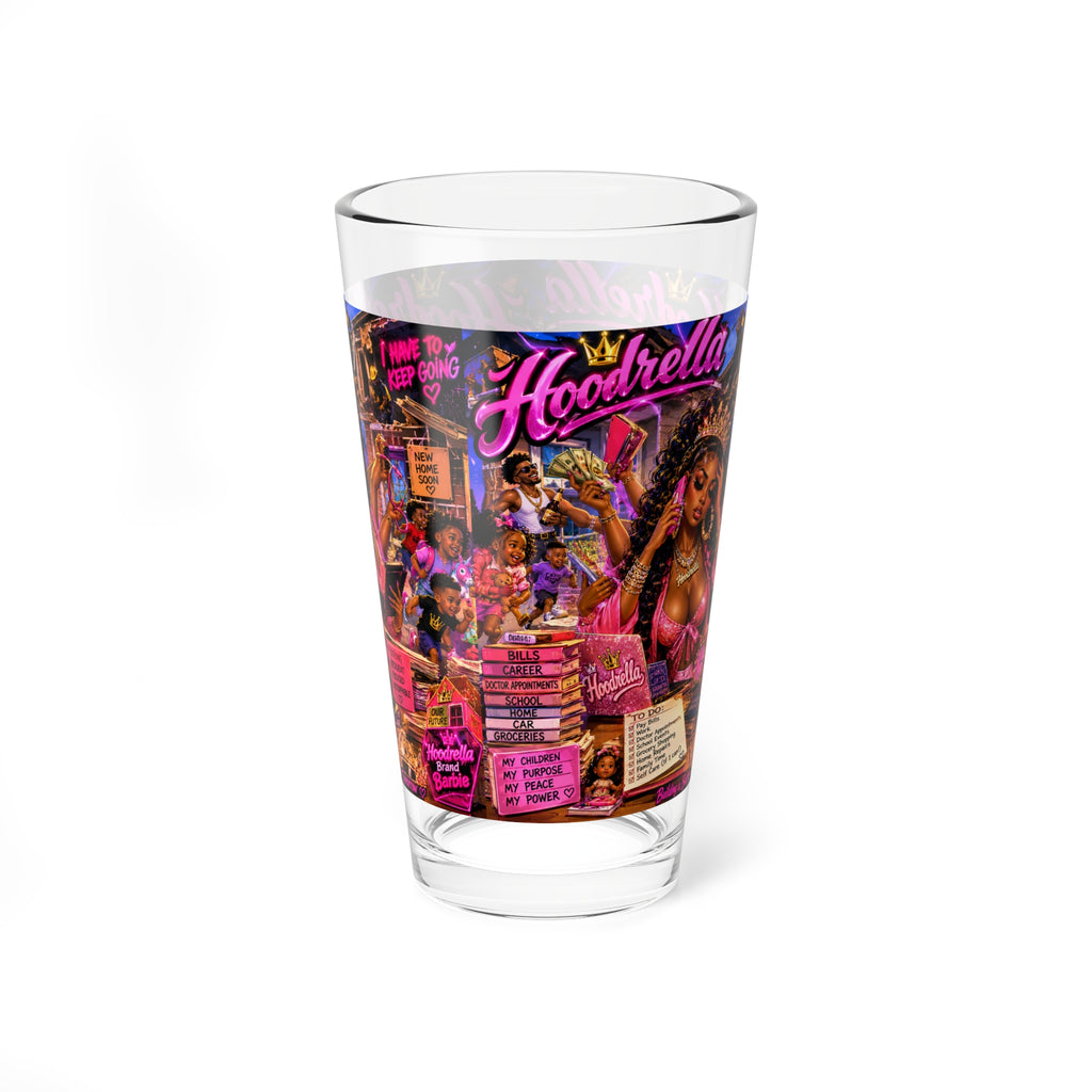 Hoodrella Collage 16oz Mixing Glass — Vibrant Urban Cocktail & Bar Pint
