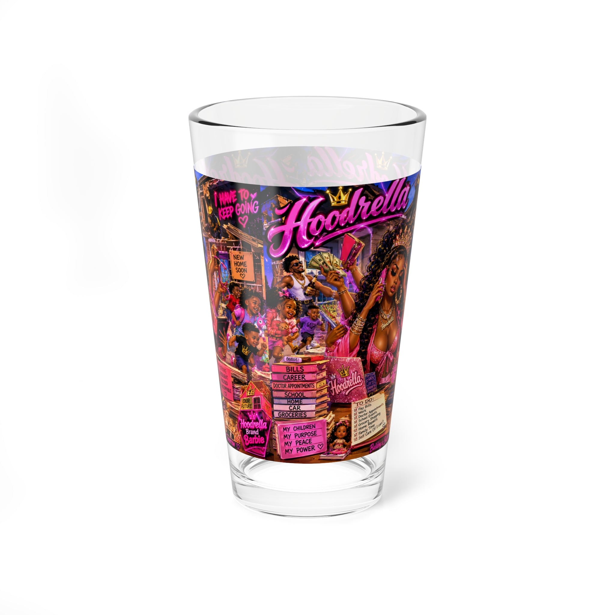 Hoodrella Collage 16oz Mixing Glass — Vibrant Urban Cocktail & Bar Pint