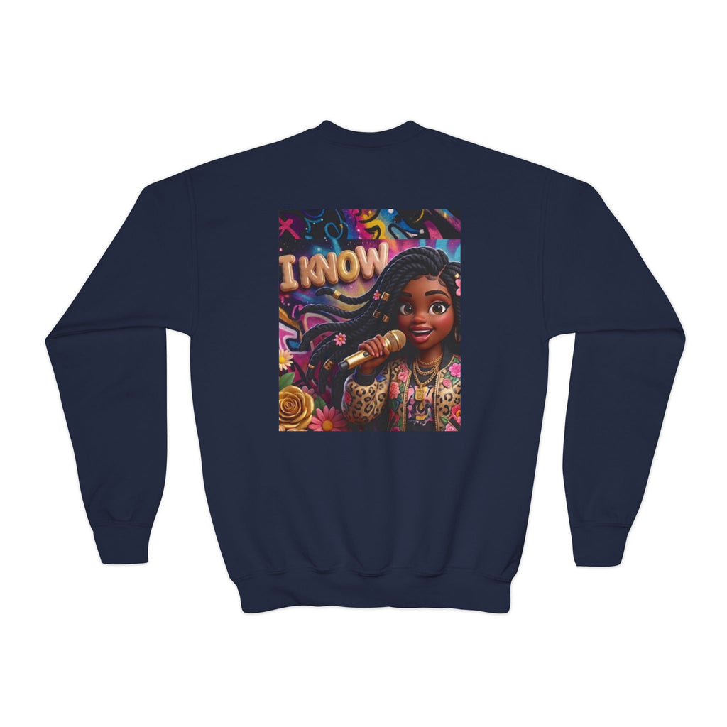 Youth Crewneck Sweatshirt – Colorful “I Know” Singer Character Design