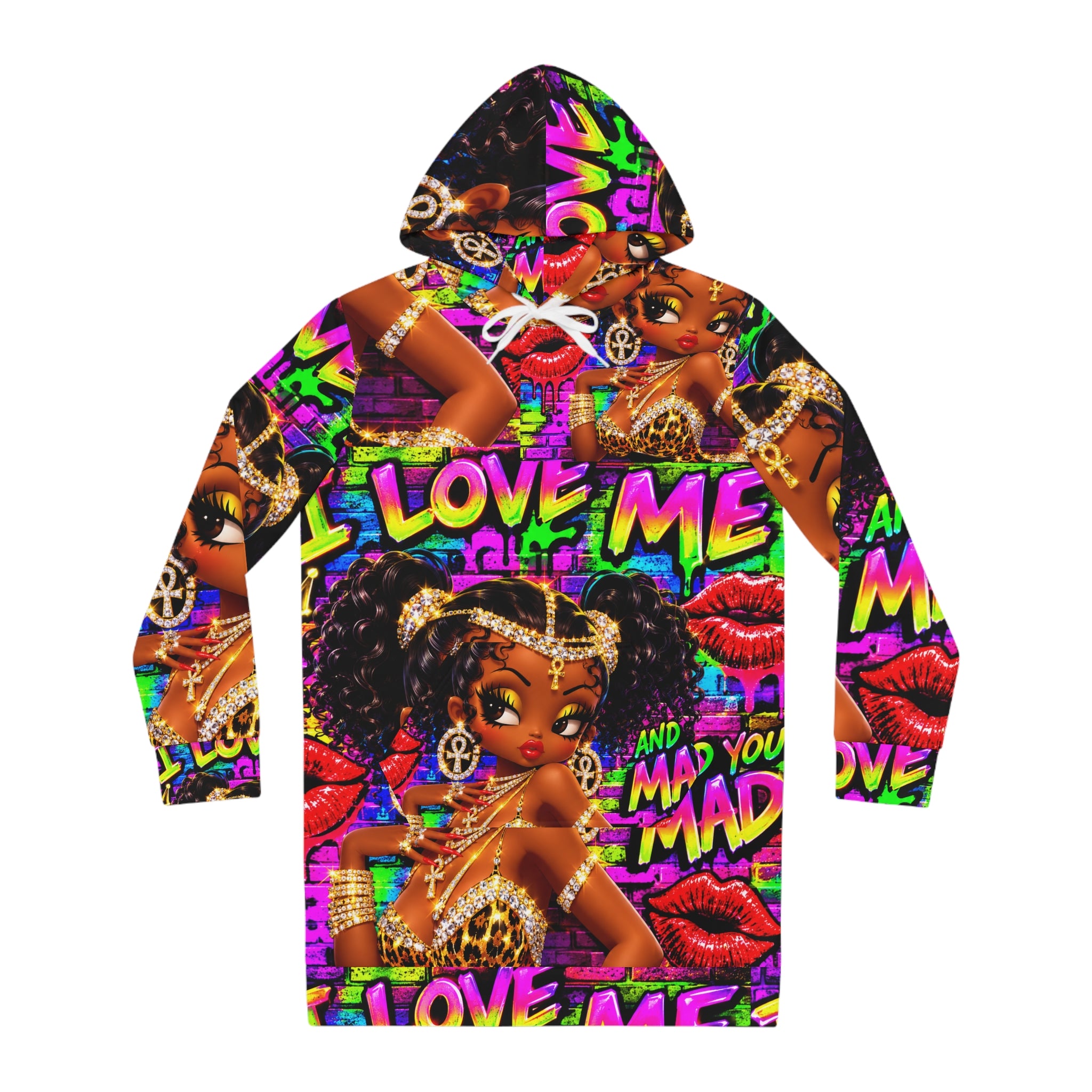 Graphic Hoodie Dress — Colorful 'Love Me' Afrocentric Streetwear Dress