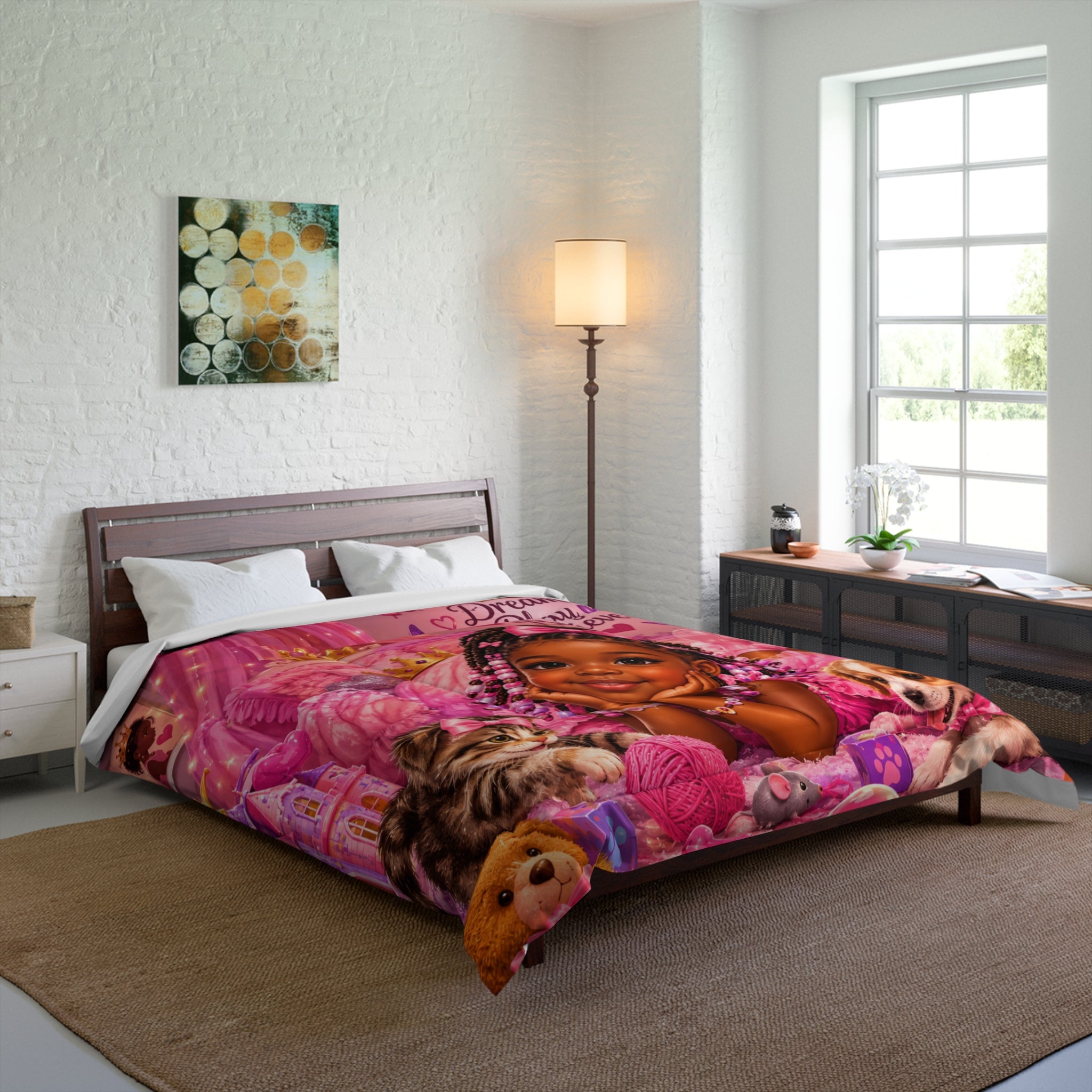 Dream Play Believe Comforter — Pink Princess Kids Bedding with Puppy & Cat
