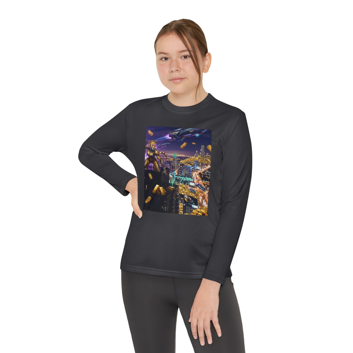 Youth Long Sleeve Tee – Colorful Night Cityscape Graphic Shirt