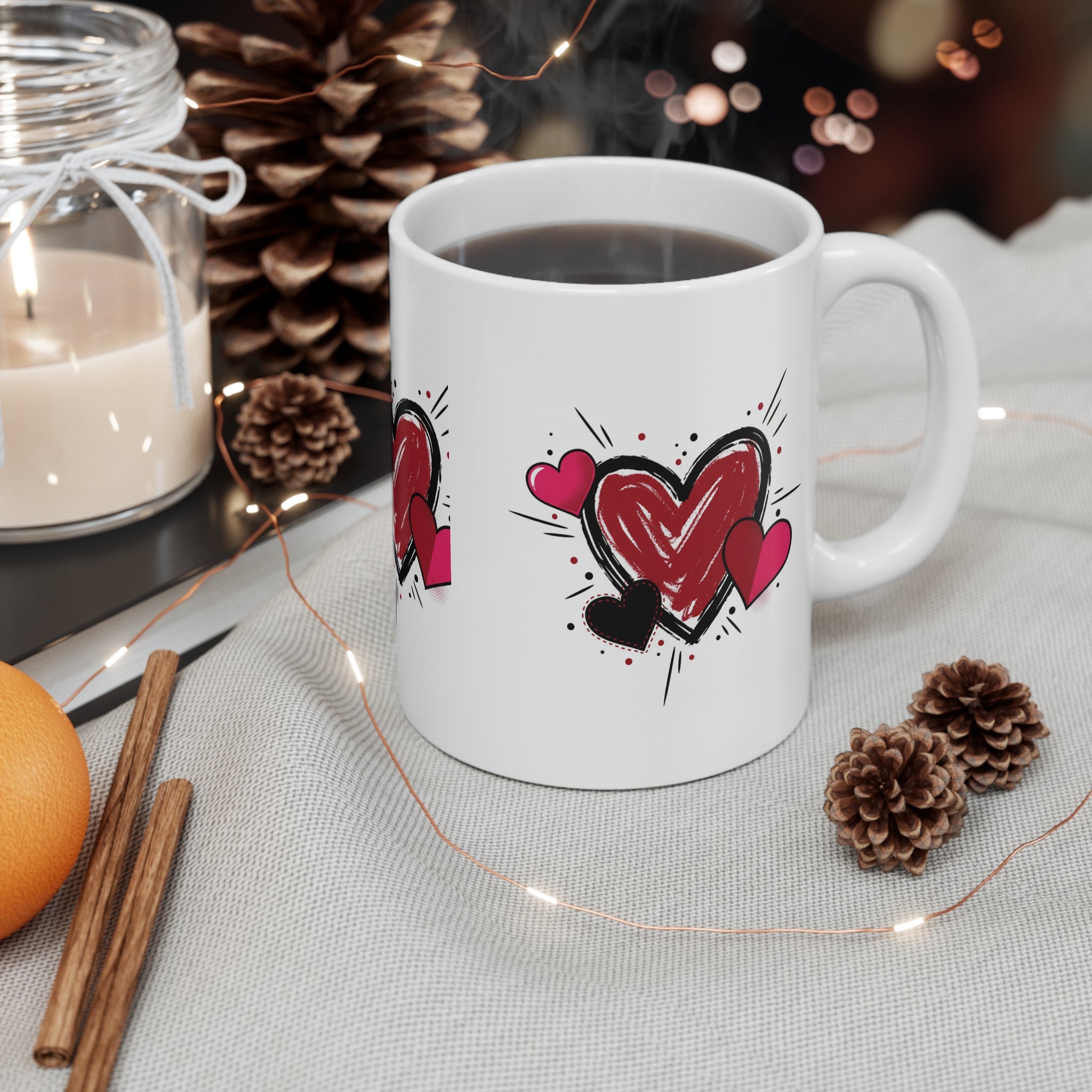 Heart Sketch Mug — Hand-Drawn Red & Pink Hearts Coffee Cup (Valentine’s Day Gift)