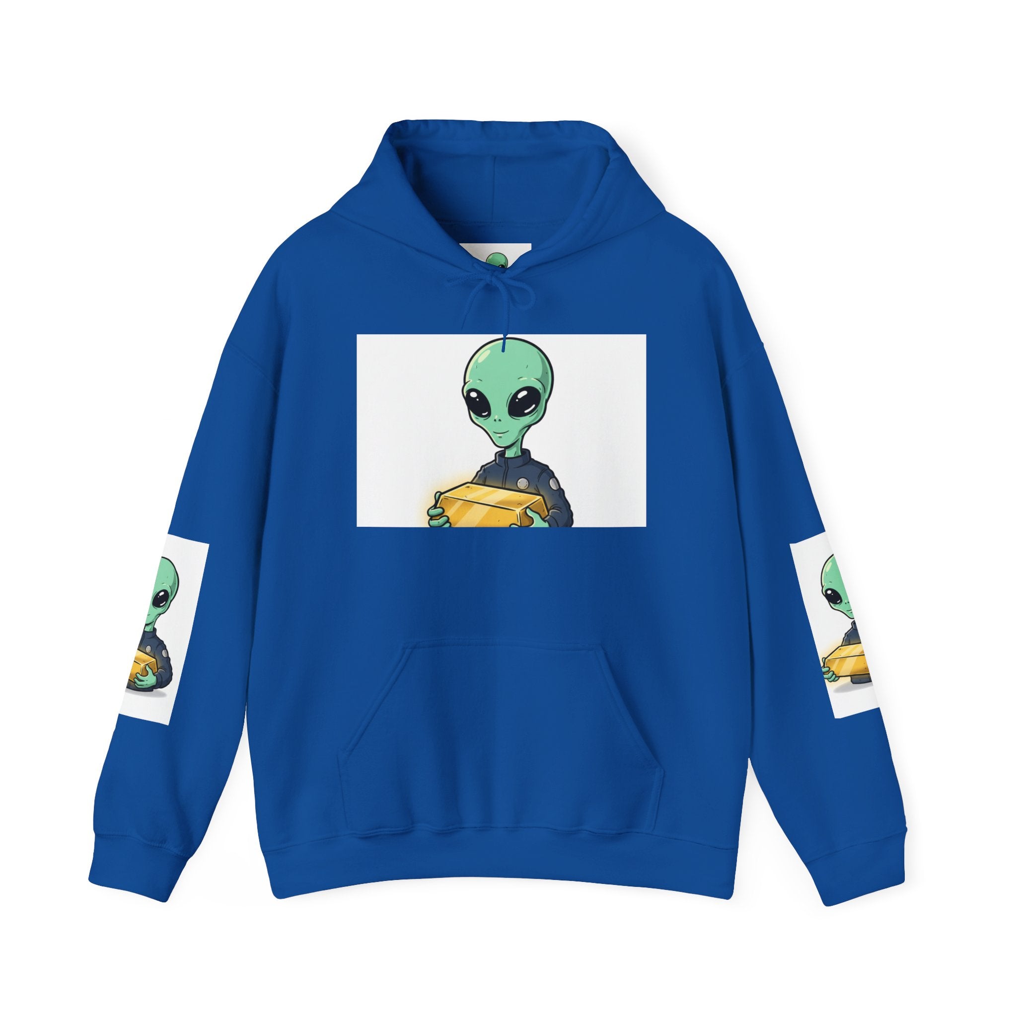 Alien Holding Gold Hoodie — "WE ARE HERE!!" Graphic Sweatshirt