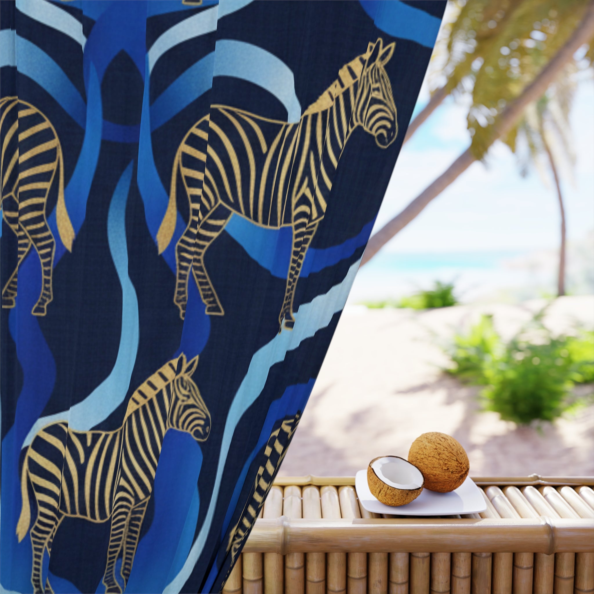 Zebra Wave Curtains — Blue Abstract Zebra Print Window Panel