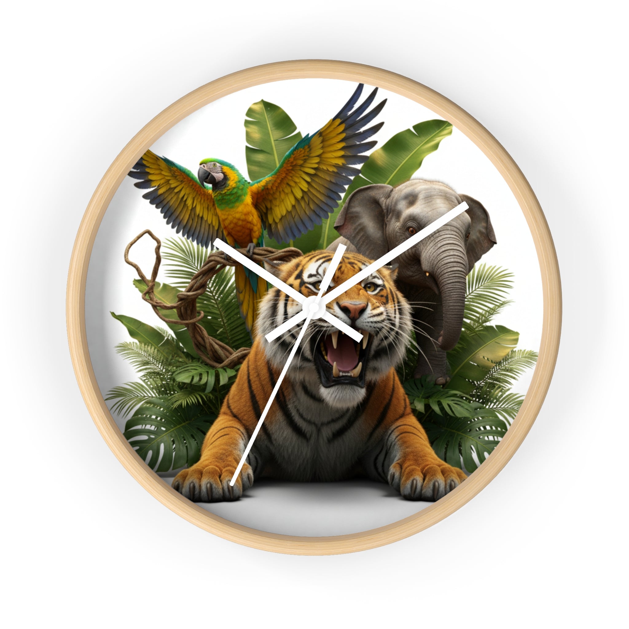 Jungle Animals Wall Clock — Tiger, Elephant & Parrot Safari Nursery Decor