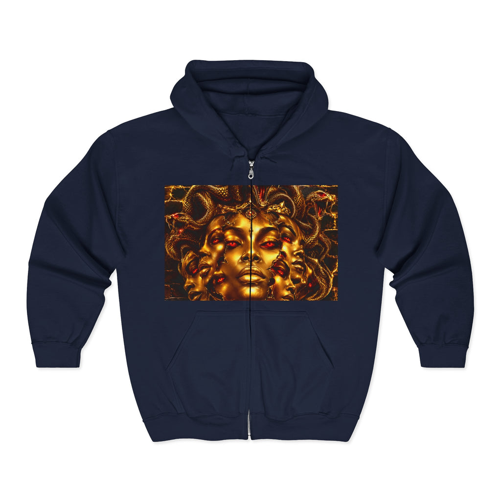 Medusa Gold Face Zip Hoodie — Mythic Snake Hair Art Zip-Up Sweatshirt
