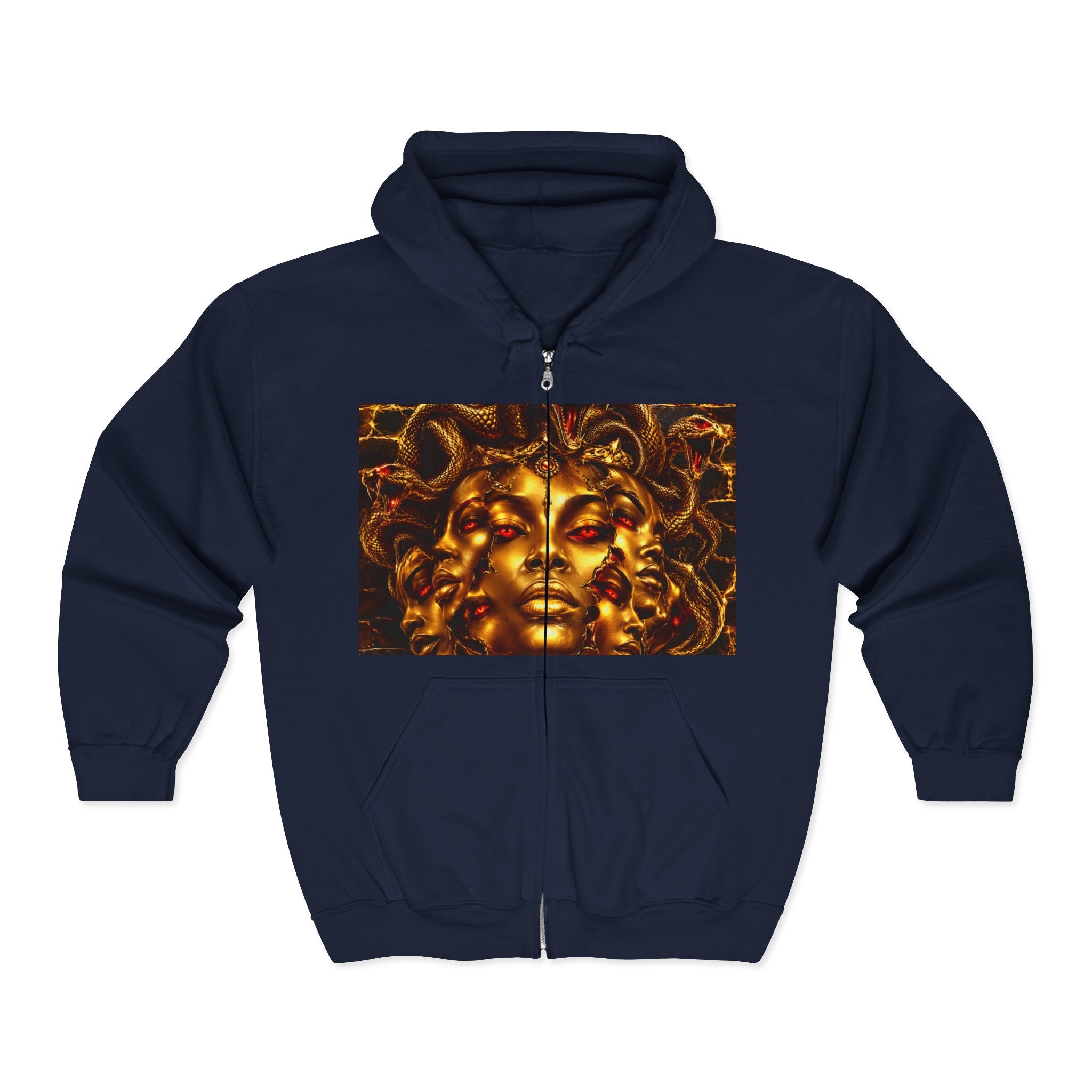 Medusa Gold Face Zip Hoodie — Mythic Snake Hair Art Zip-Up Sweatshirt