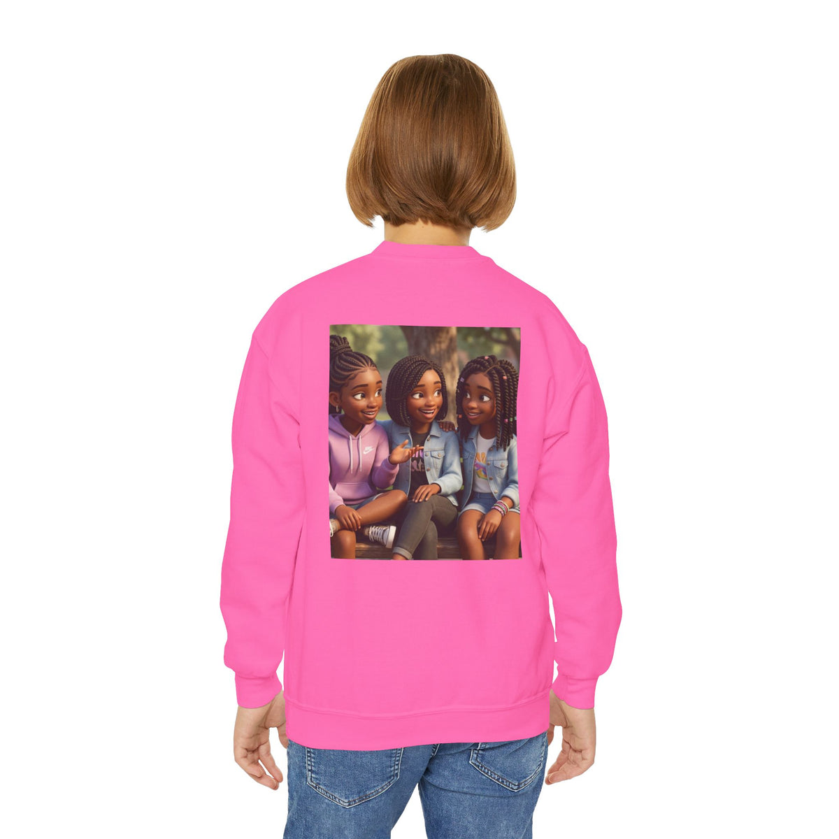 Youth Crewneck Sweatshirt Featuring Diverse Best Friends Illustration