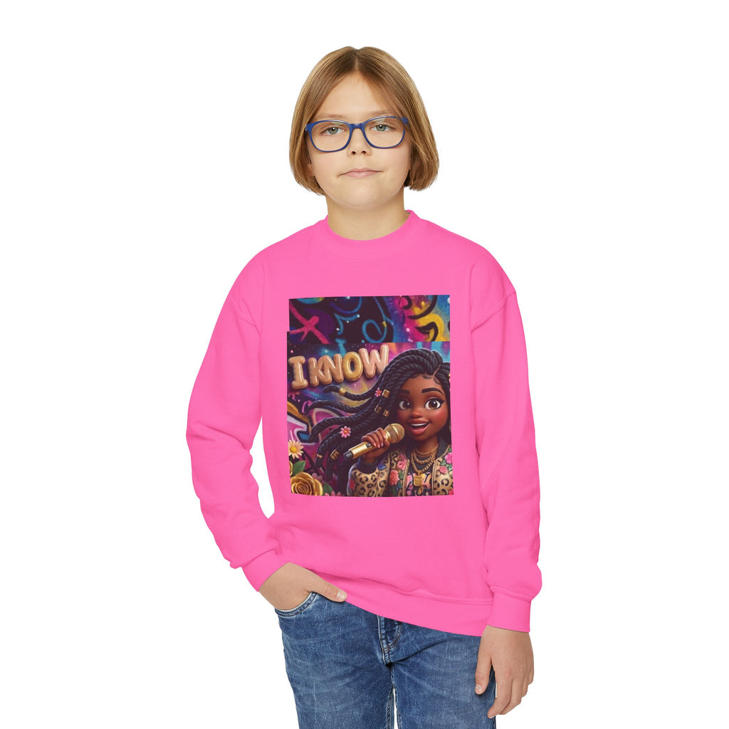 Youth Crewneck Sweatshirt – Colorful “I Know” Singer Character Design