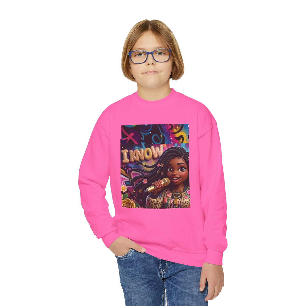 Youth Crewneck Sweatshirt – Colorful “I Know” Singer Character Design
