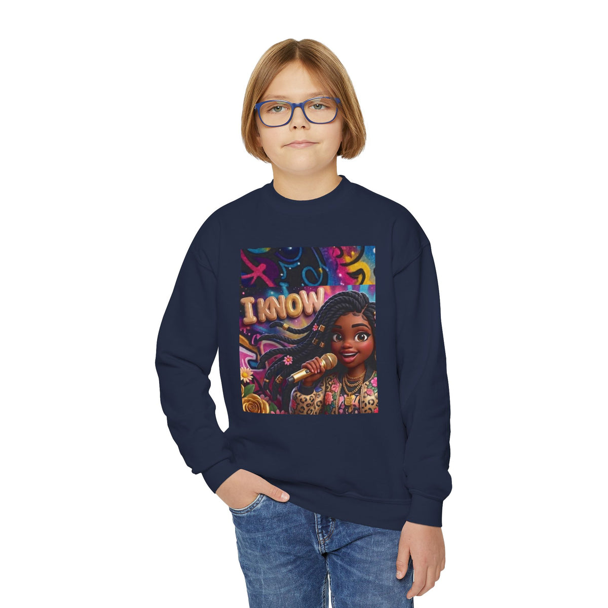 Youth Crewneck Sweatshirt – Colorful “I Know” Singer Character Design