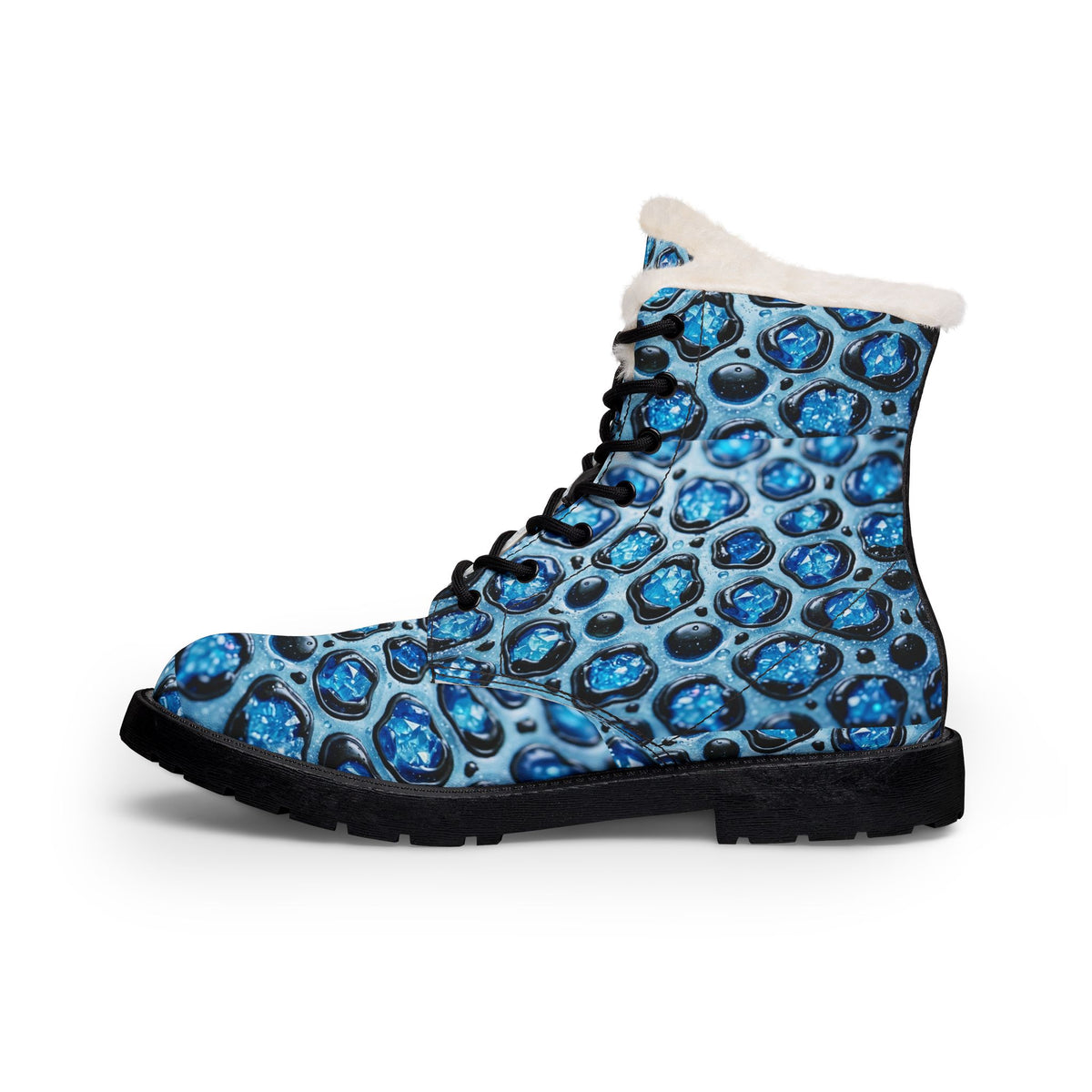 Women's Blue Gemstone Print Fur-Lined Leather Boots