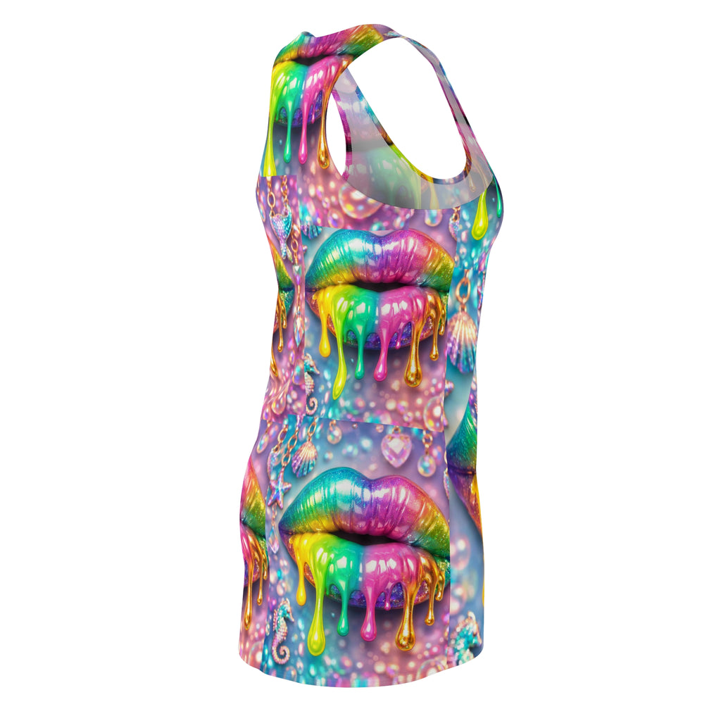 Rainbow Drip Lip Racerback Dress — Vibrant Colorful All-Over-Print Sundress