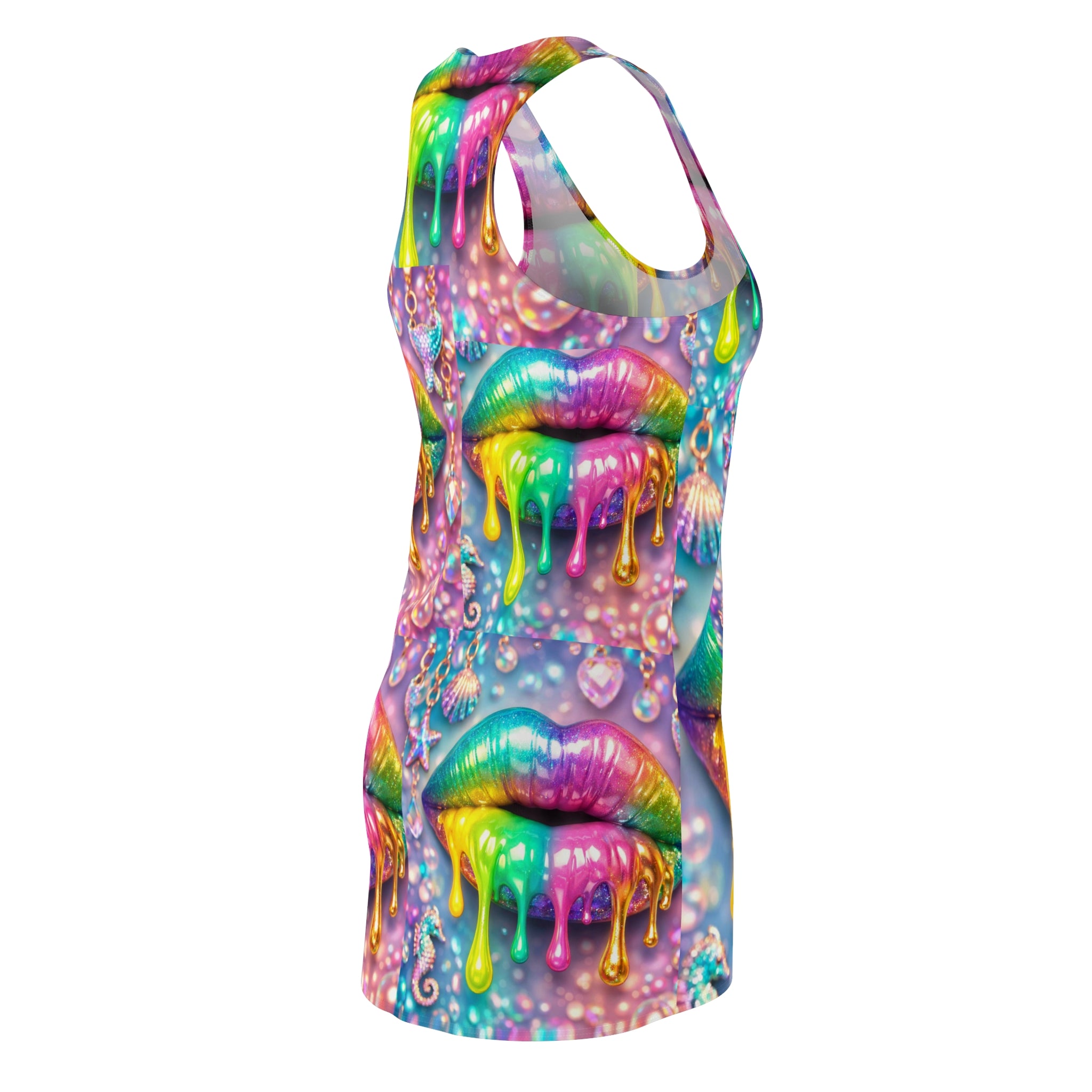 Rainbow Drip Lip Racerback Dress — Vibrant Colorful All-Over-Print Sundress