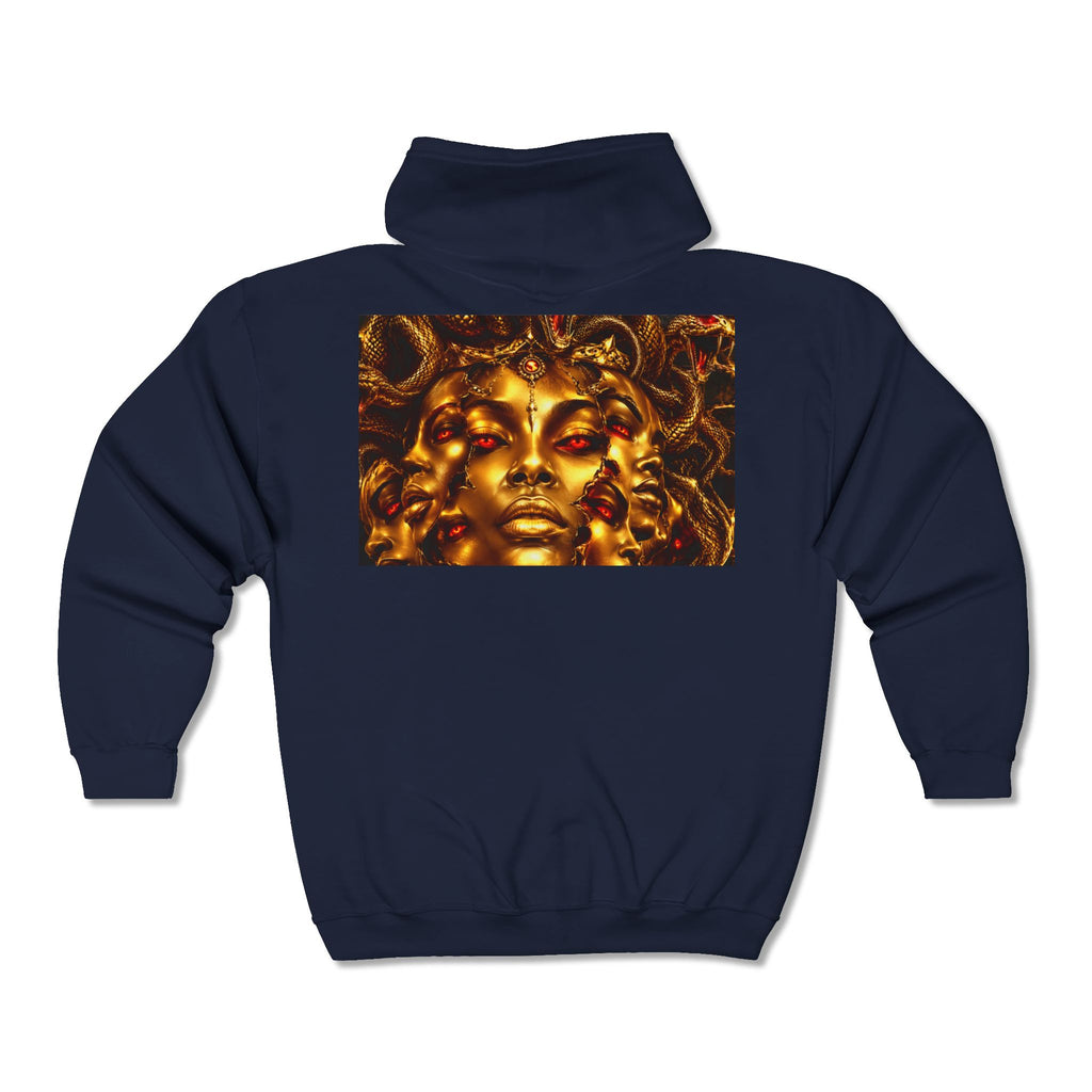 Medusa Gold Face Zip Hoodie — Mythic Snake Hair Art Zip-Up Sweatshirt