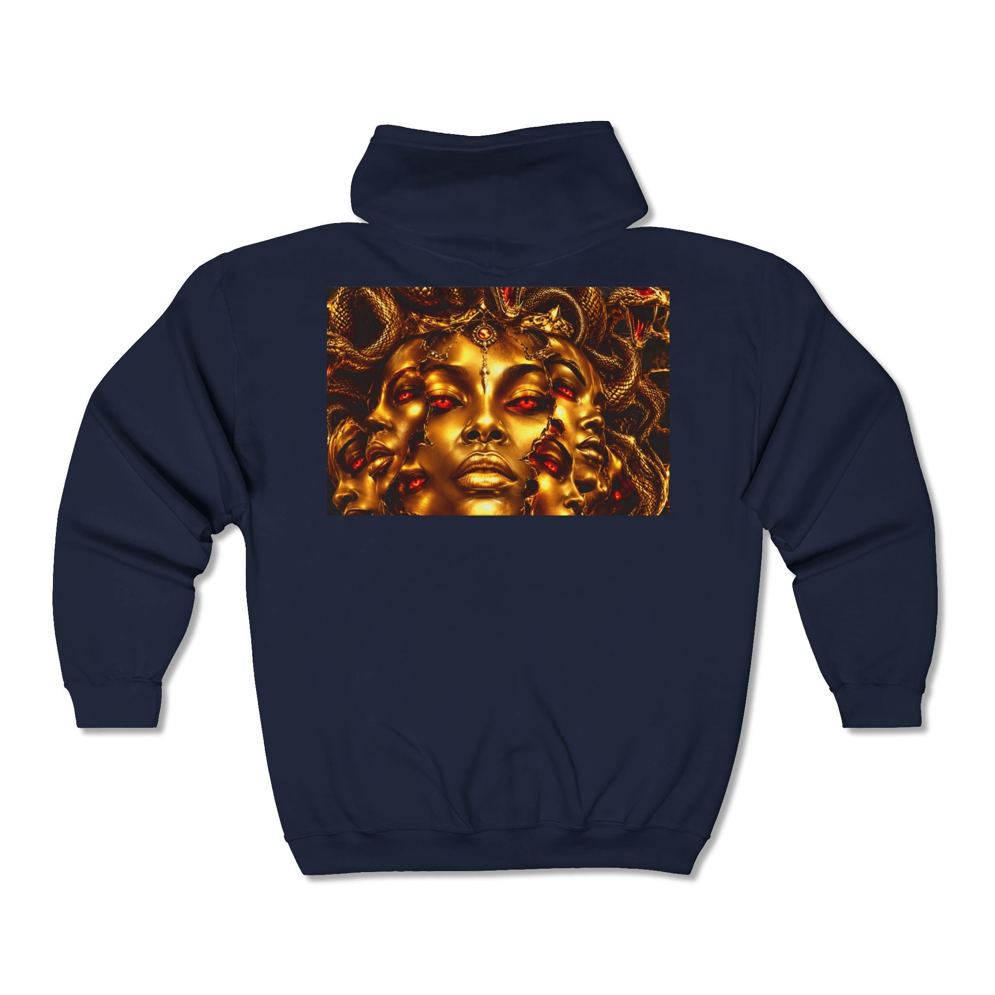 Medusa Gold Face Zip Hoodie — Mythic Snake Hair Art Zip-Up Sweatshirt