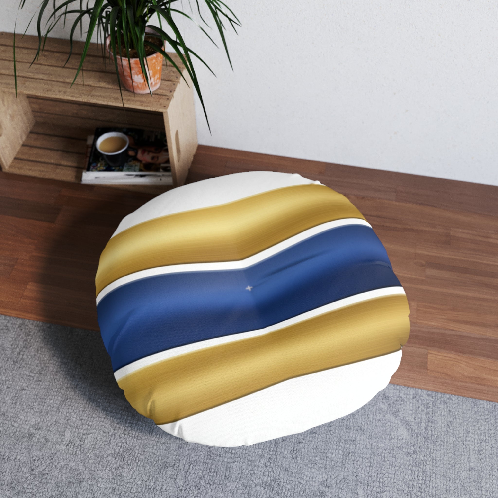 Round Tufted Floor Pillow — Navy & Gold Striped Accent Cushion