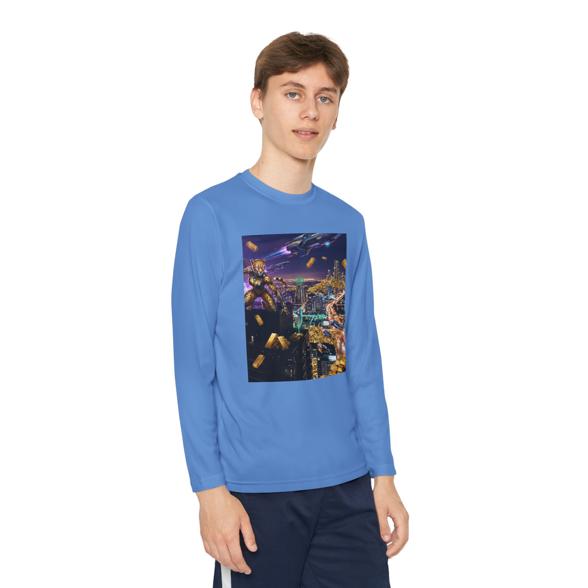 Youth Long Sleeve Tee – Colorful Night Cityscape Graphic Shirt