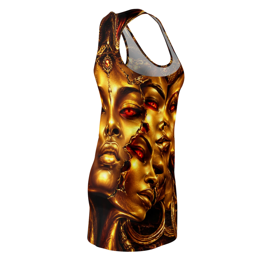 Gold Goddess Racerback Dress – All-Over Print Mystical Face