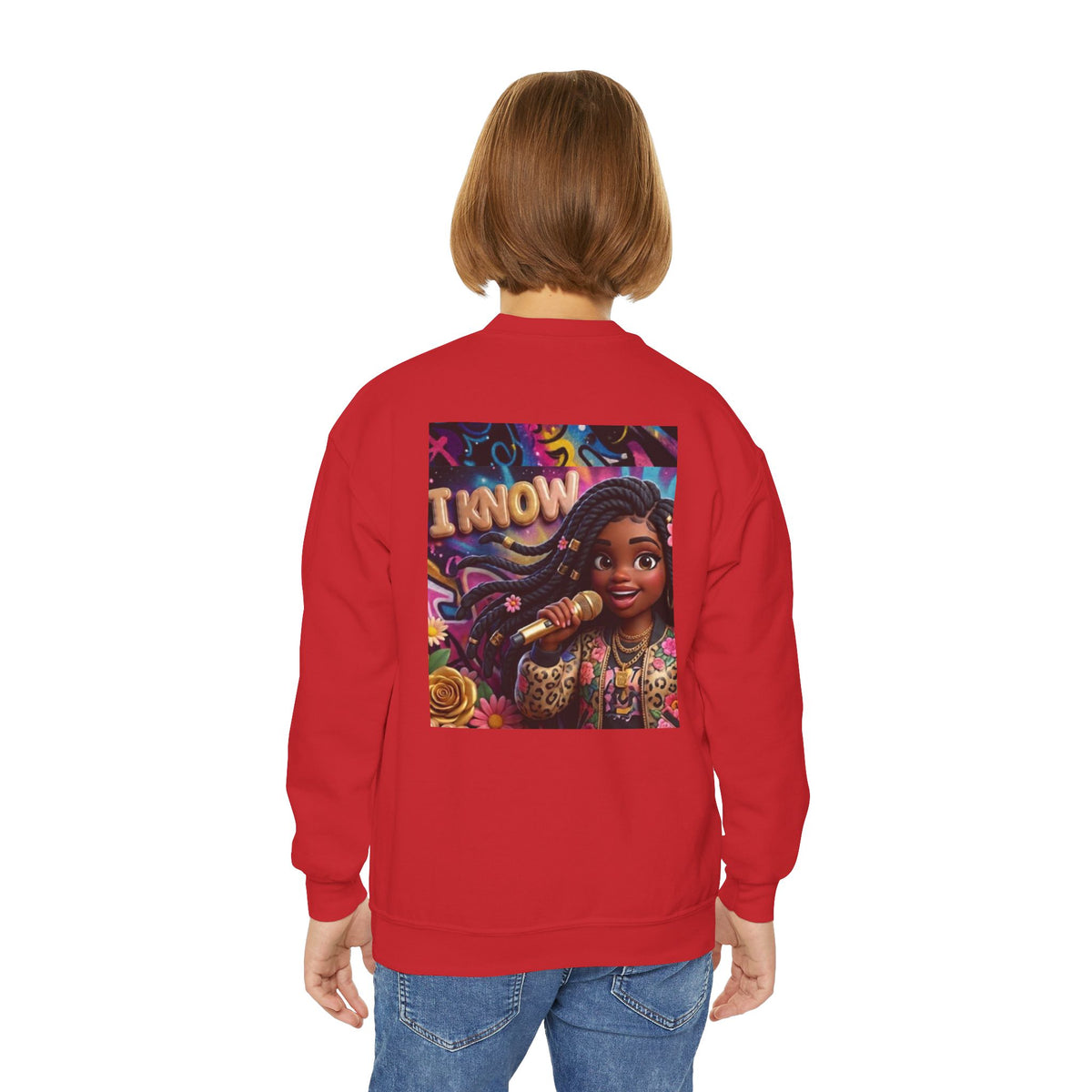 Youth Crewneck Sweatshirt – Colorful “I Know” Singer Character Design