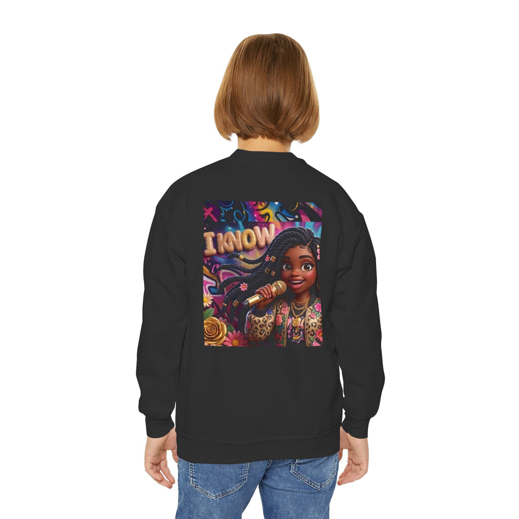 Youth Crewneck Sweatshirt – Colorful “I Know” Singer Character Design