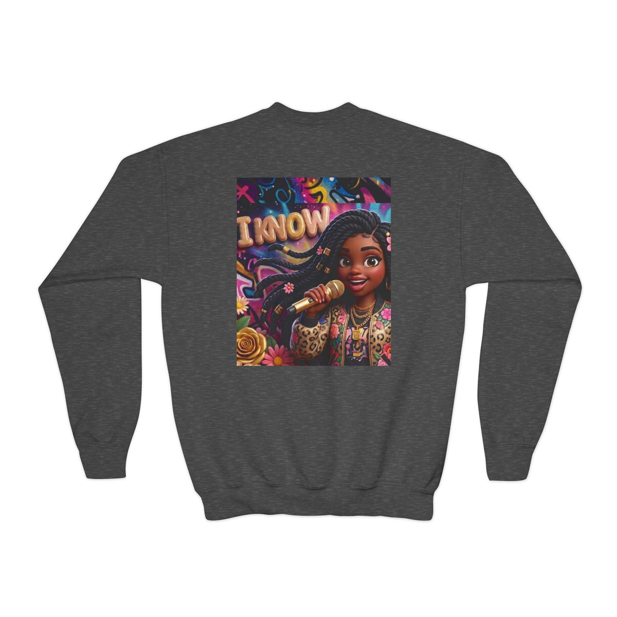 Youth Crewneck Sweatshirt – Colorful “I Know” Singer Character Design