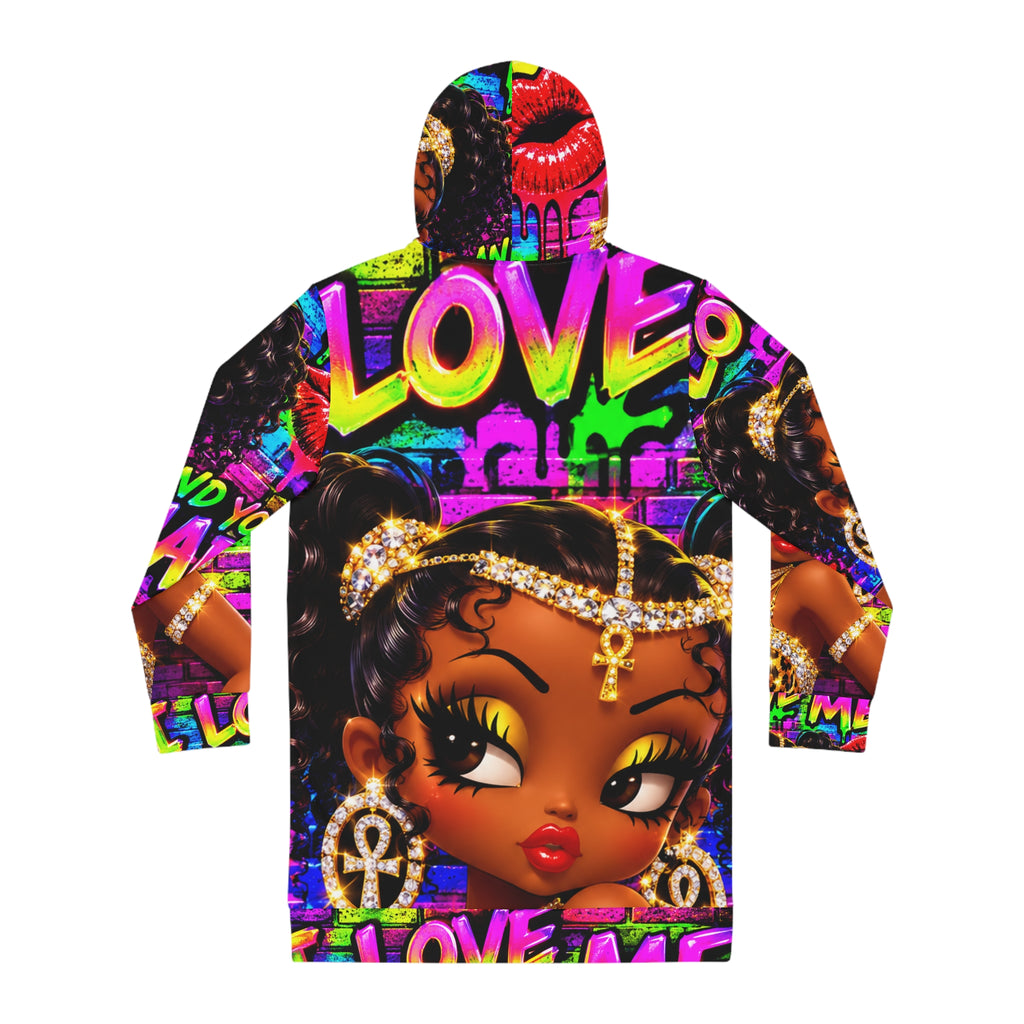 Graphic Hoodie Dress — Colorful 'Love Me' Afrocentric Streetwear Dress