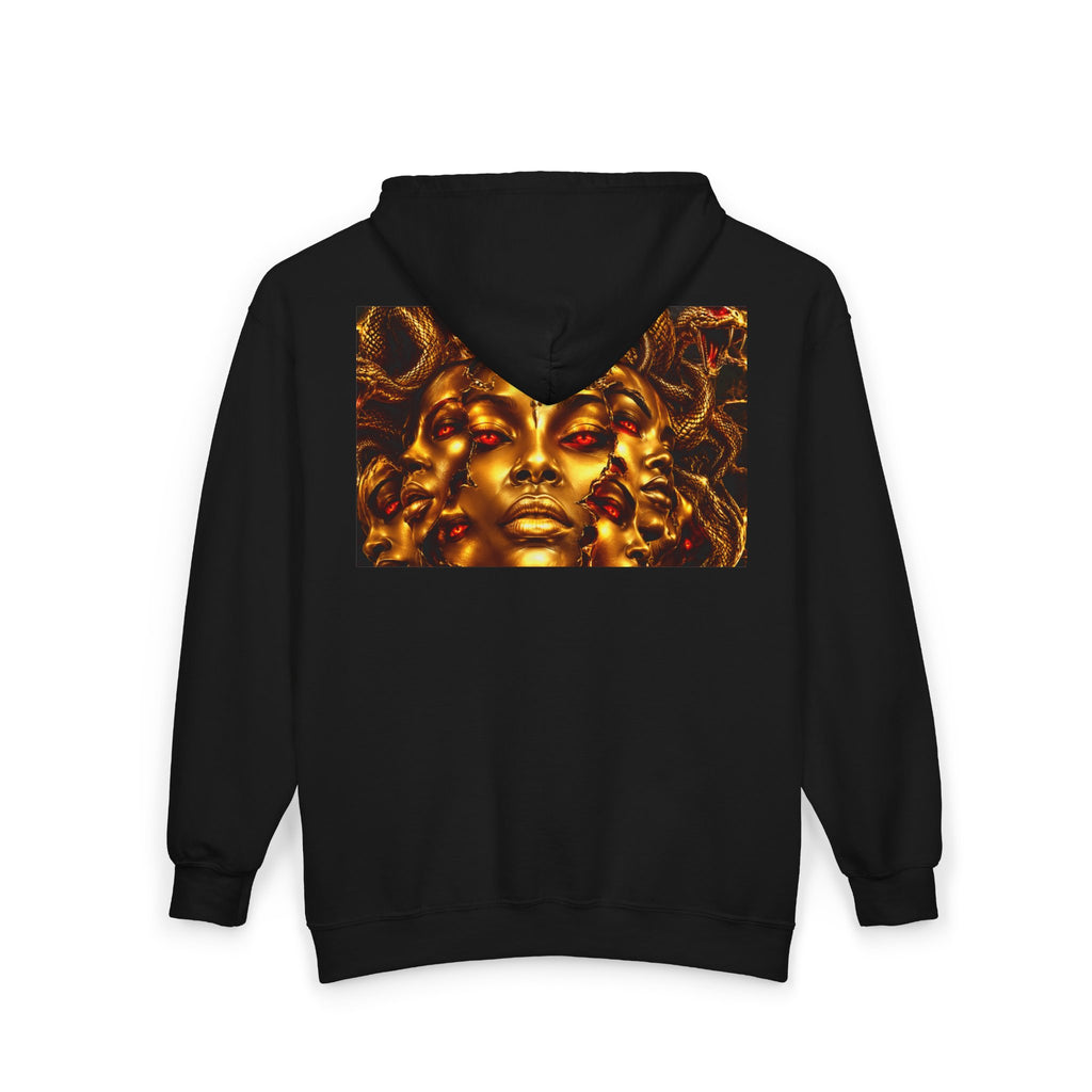 Medusa Gold Face Zip Hoodie — Mythic Snake Hair Art Zip-Up Sweatshirt