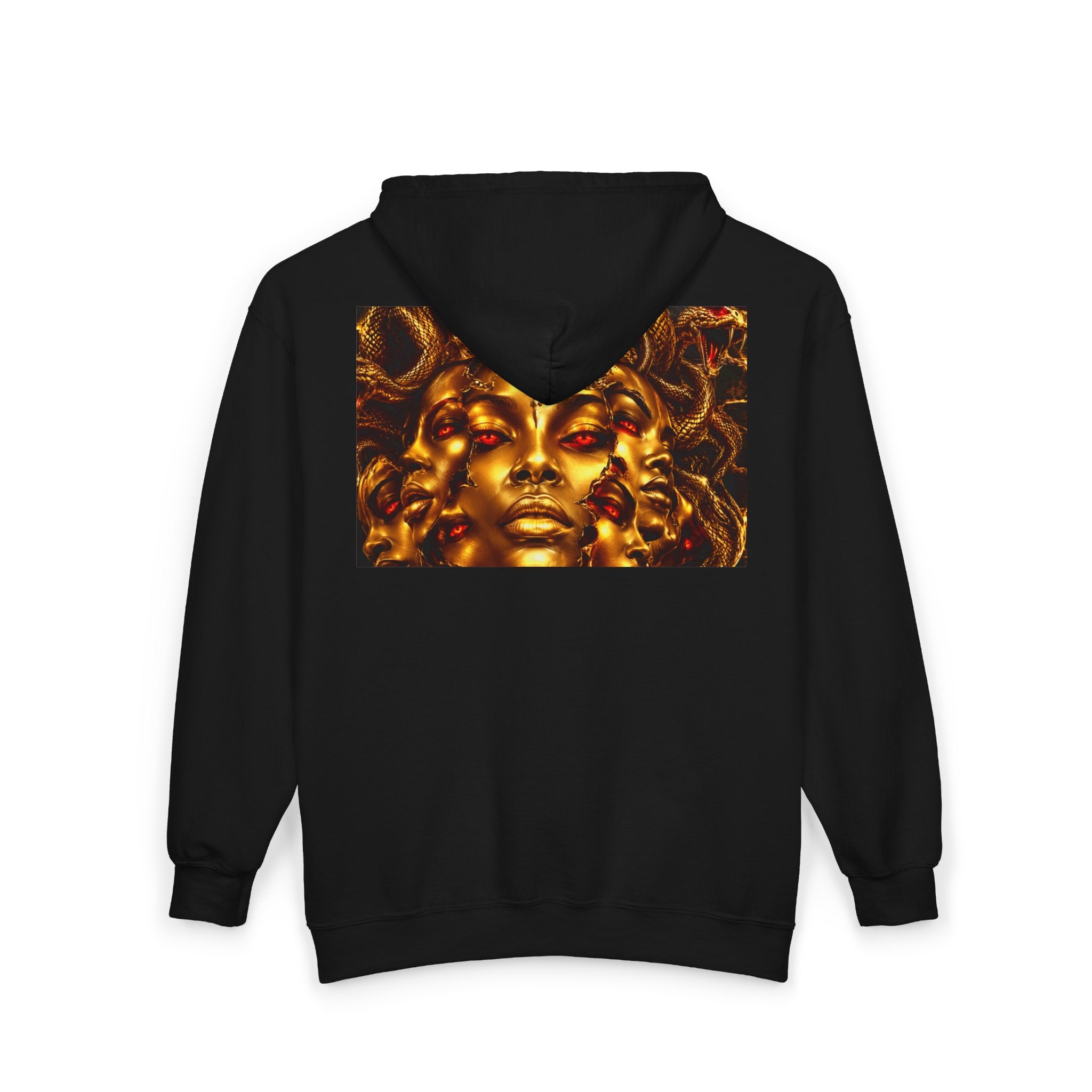 Medusa Gold Face Zip Hoodie — Mythic Snake Hair Art Zip-Up Sweatshirt