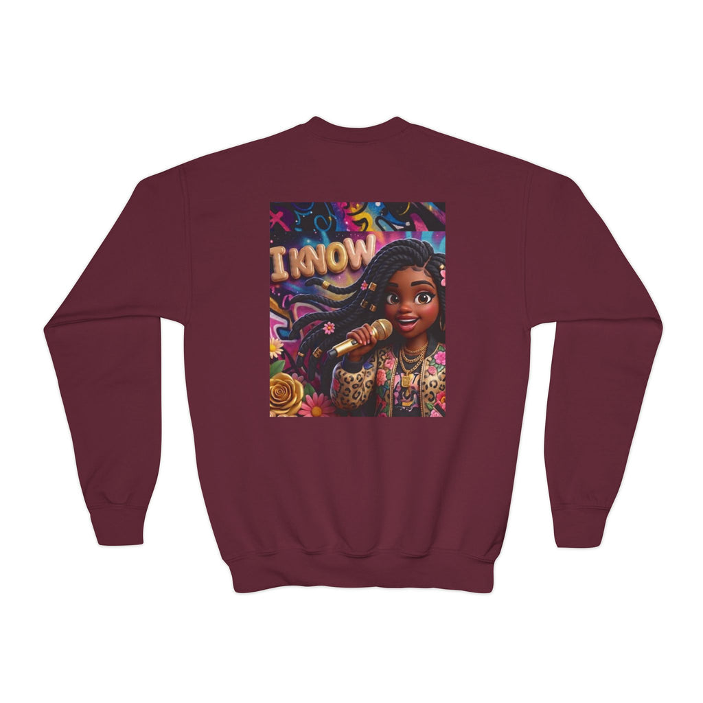 Youth Crewneck Sweatshirt – Colorful “I Know” Singer Character Design