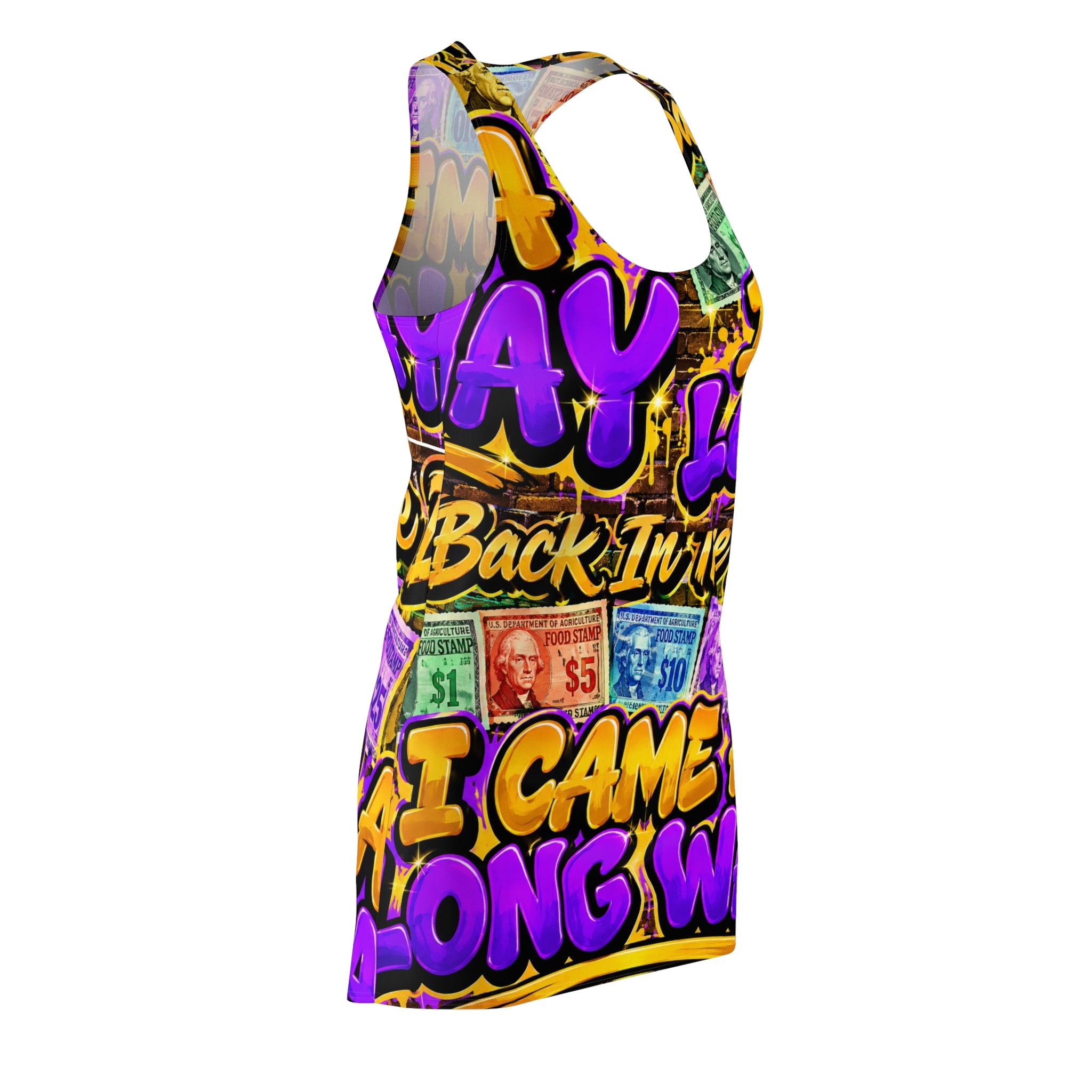 Bold Retro Money Graphic Racerback Dress — "Came a Long Way" Statement Print