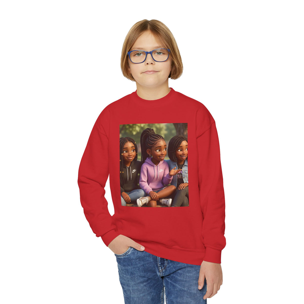 Youth Crewneck Sweatshirt Featuring Diverse Best Friends Illustration