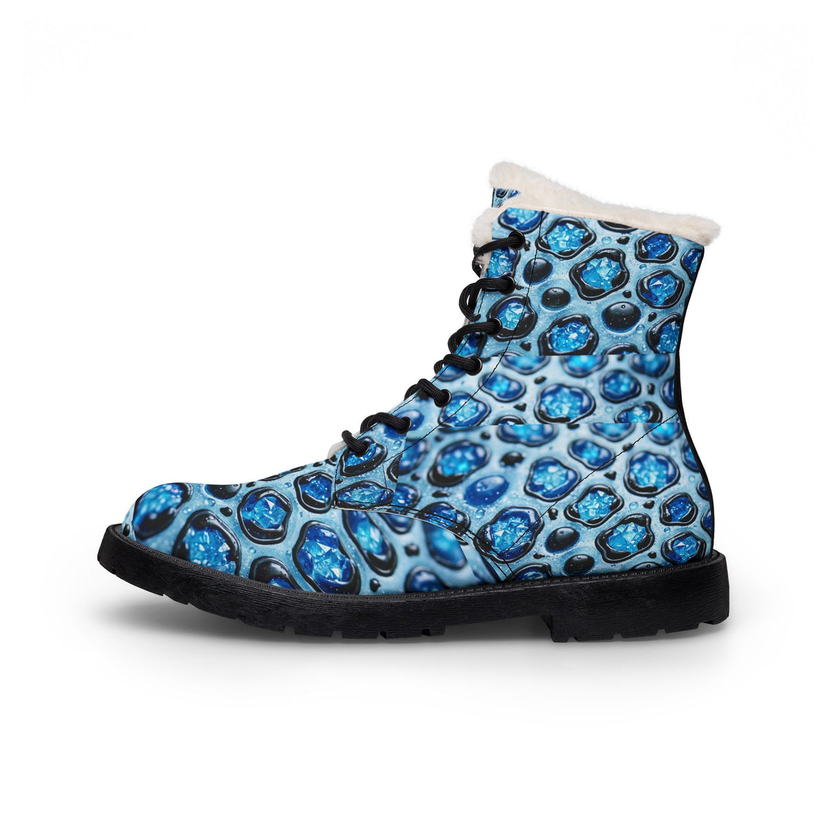 Women's Blue Gemstone Print Fur-Lined Leather Boots