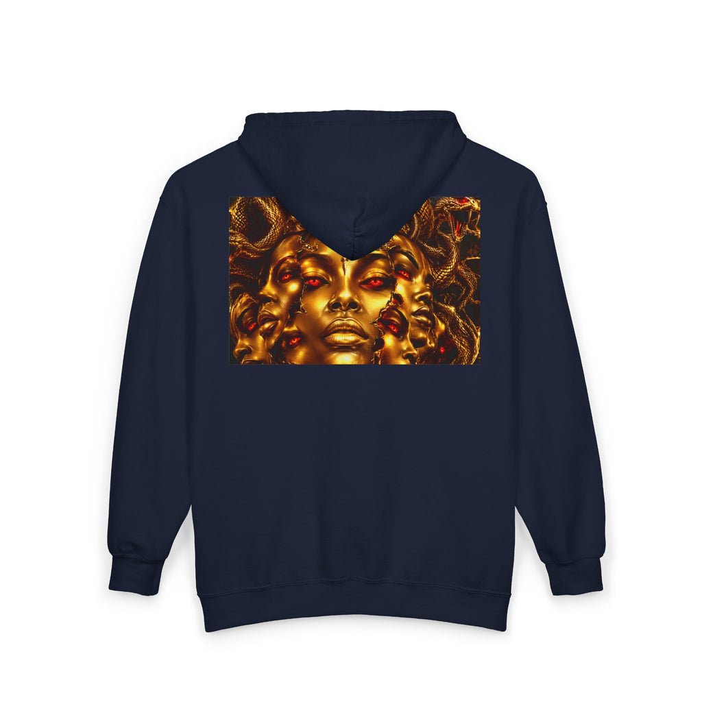 Medusa Gold Face Zip Hoodie — Mythic Snake Hair Art Zip-Up Sweatshirt