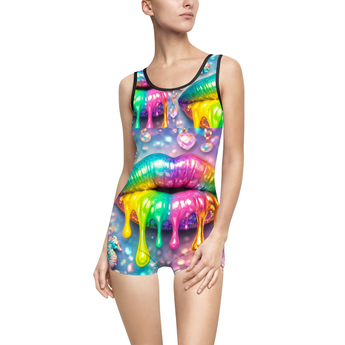 Rainbow Drip Lip Vintage Swimsuit - Colorful Neon All-Over Print