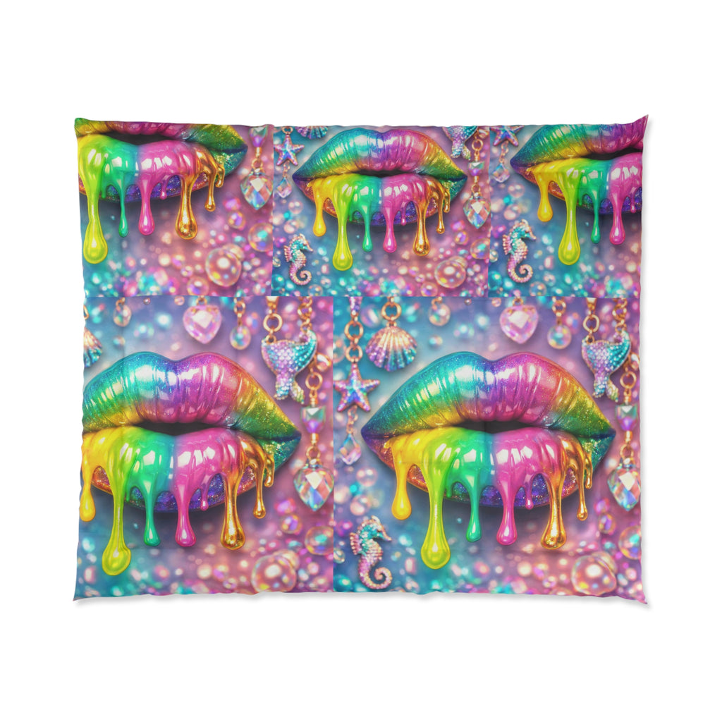 Rainbow Drip Lips Comforter — Vibrant Gemstone Pop Art Bedding