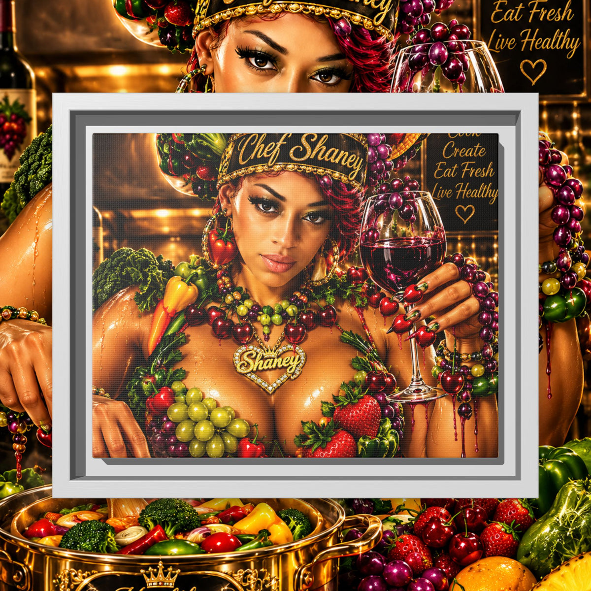 Chef Shaney Fruit Goddess Matte Framed Canvas — "Eat Fresh Live Healthy" Kitchen Wall Art