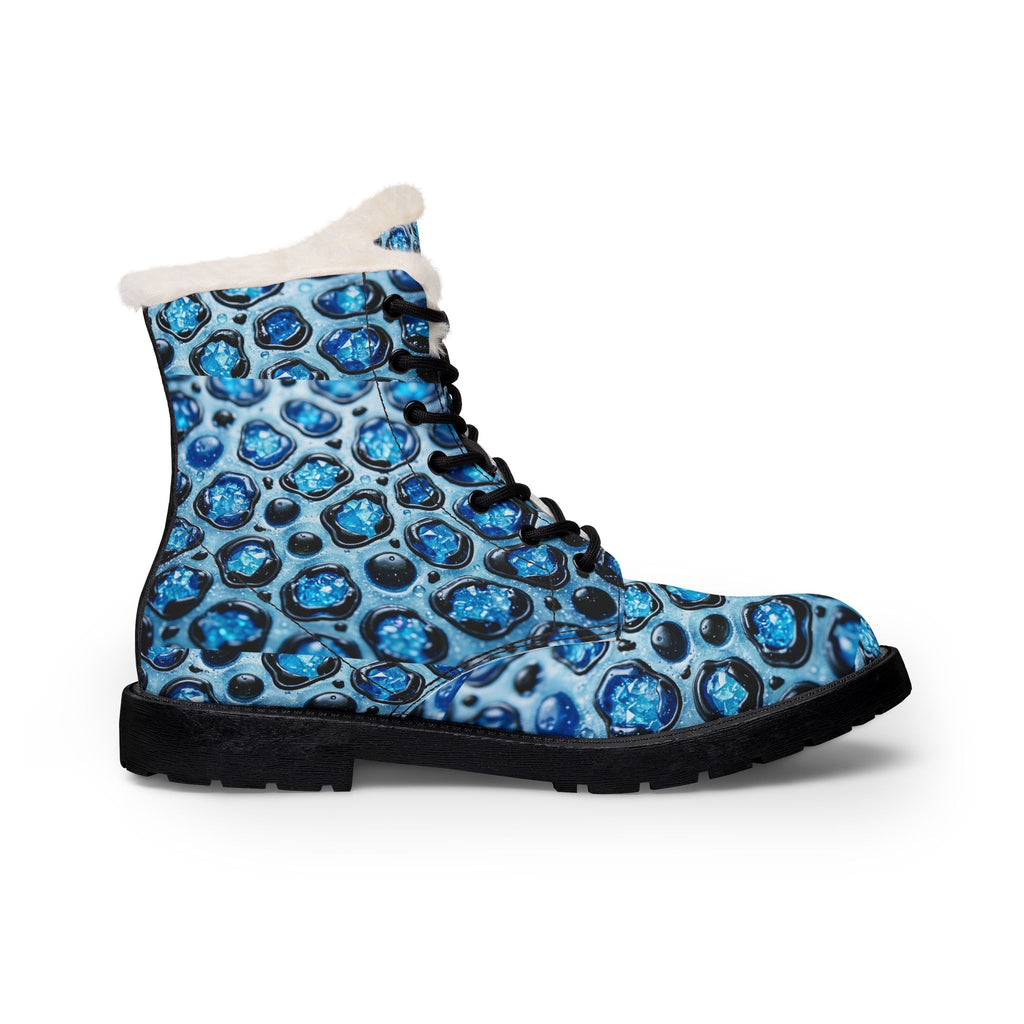 Women's Blue Gemstone Print Fur-Lined Leather Boots