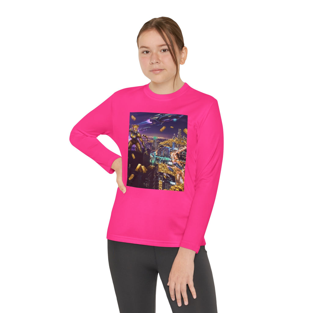 Youth Long Sleeve Tee – Colorful Night Cityscape Graphic Shirt