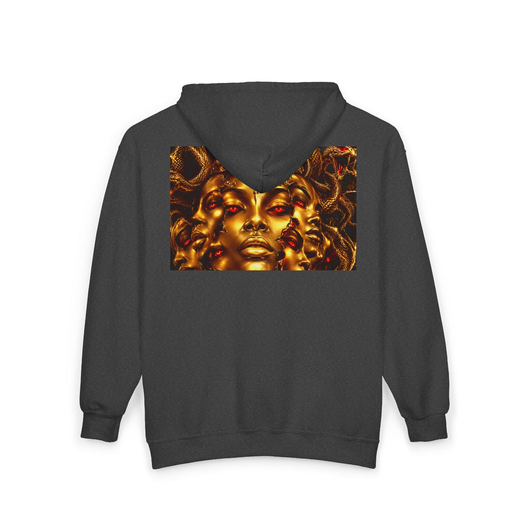 Medusa Gold Face Zip Hoodie — Mythic Snake Hair Art Zip-Up Sweatshirt