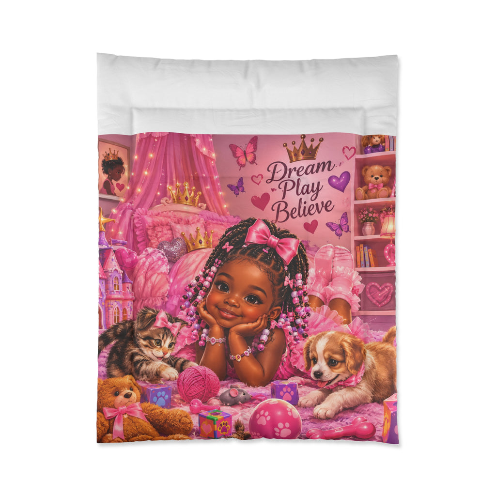 Dream Play Believe Comforter — Pink Princess Kids Bedding with Puppy & Cat
