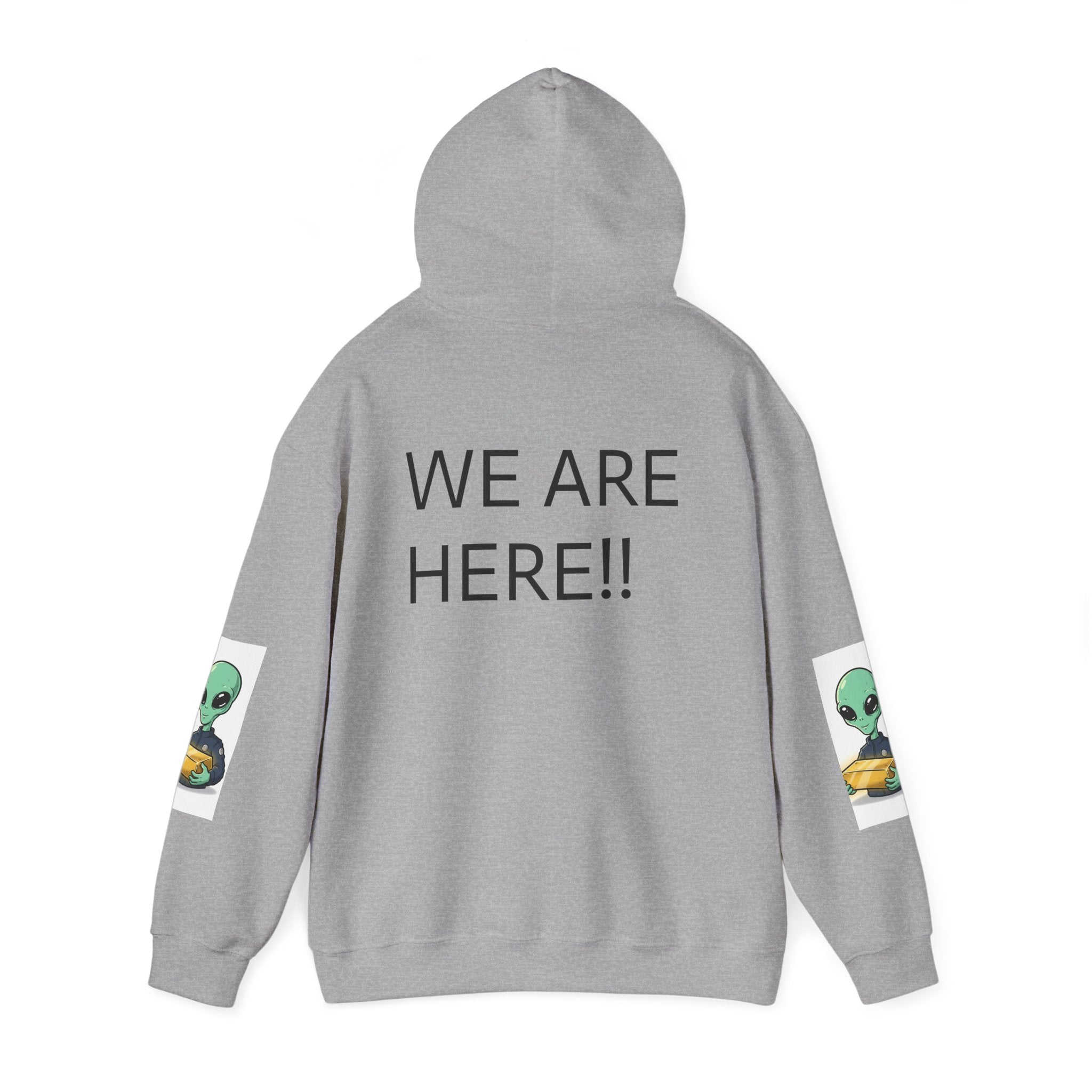 Alien Holding Gold Hoodie — "WE ARE HERE!!" Graphic Sweatshirt