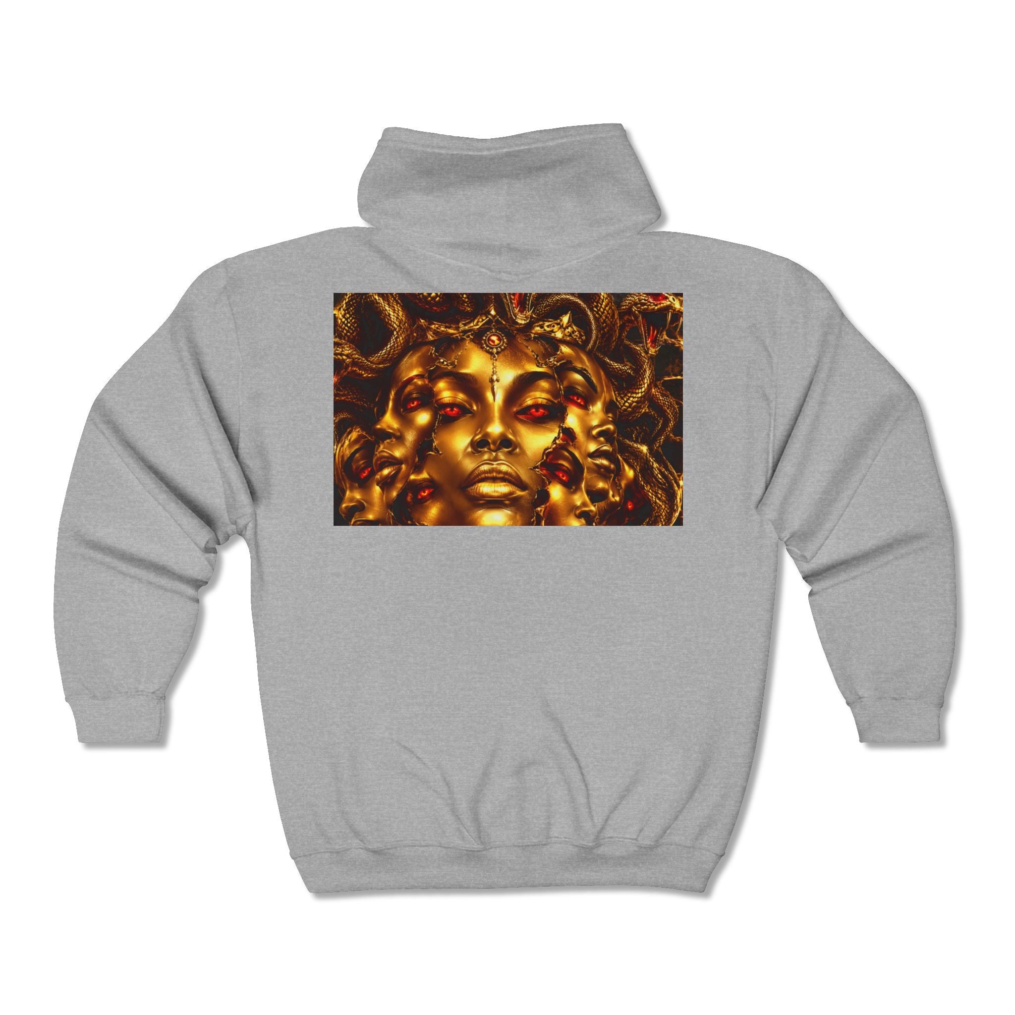 Medusa Gold Face Zip Hoodie — Mythic Snake Hair Art Zip-Up Sweatshirt