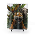 Jungle Animal Shower Curtain — Tiger, Elephant & Parrot Tropical Bathroom Decor