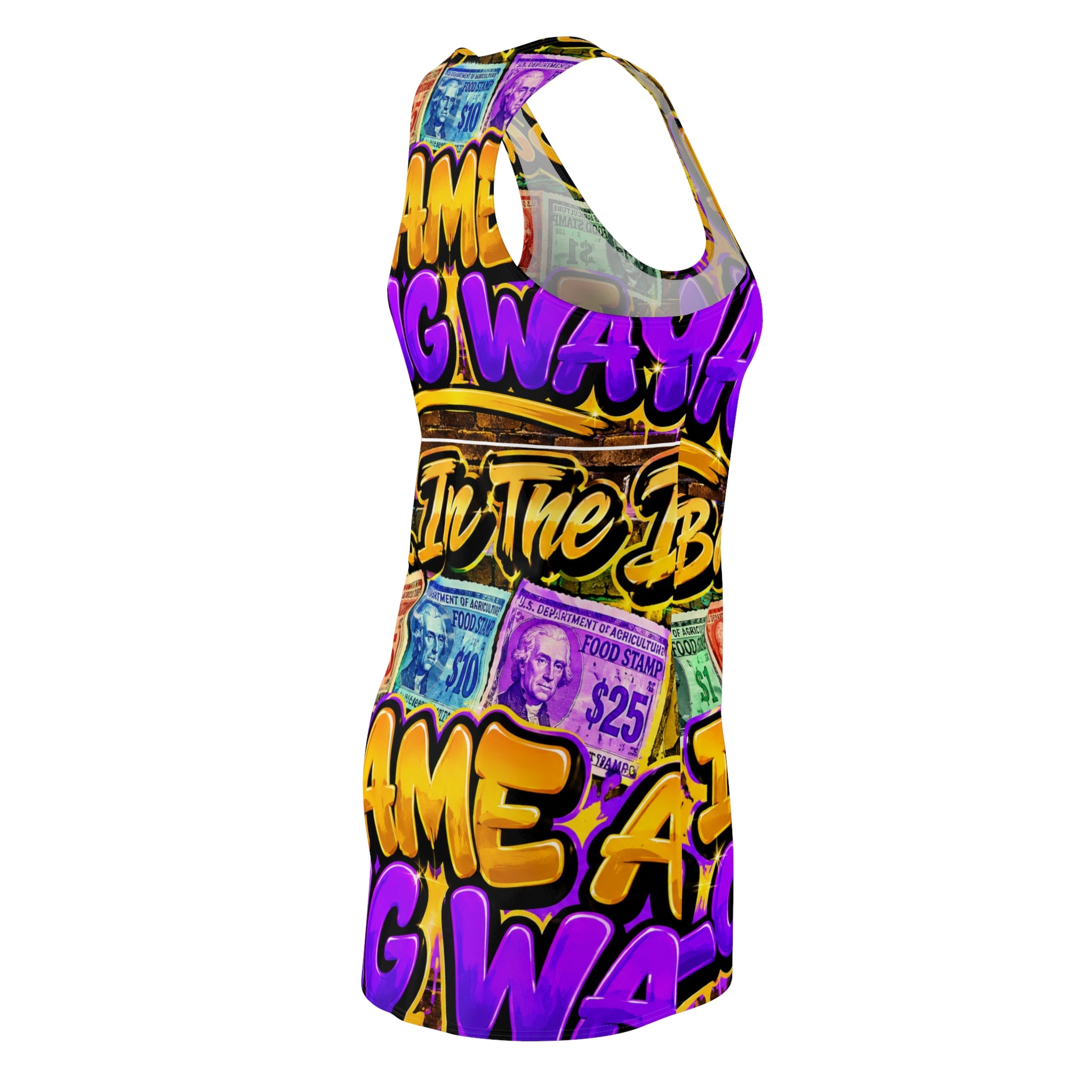Bold Retro Money Graphic Racerback Dress — "Came a Long Way" Statement Print