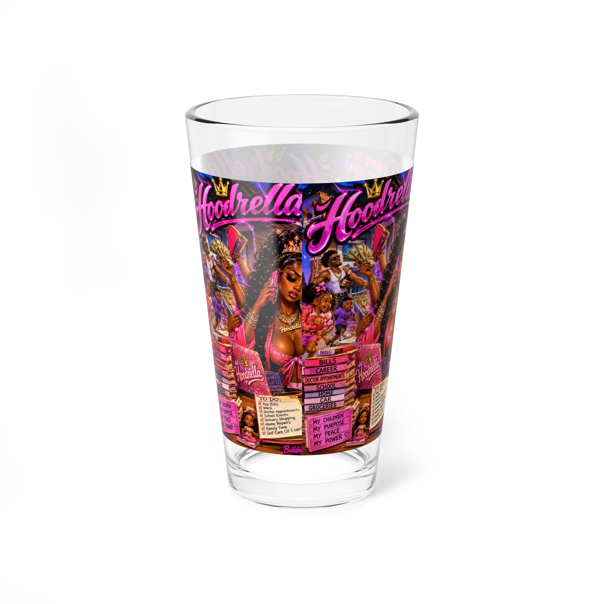 Hoodrella Collage 16oz Mixing Glass — Vibrant Urban Cocktail & Bar Pint