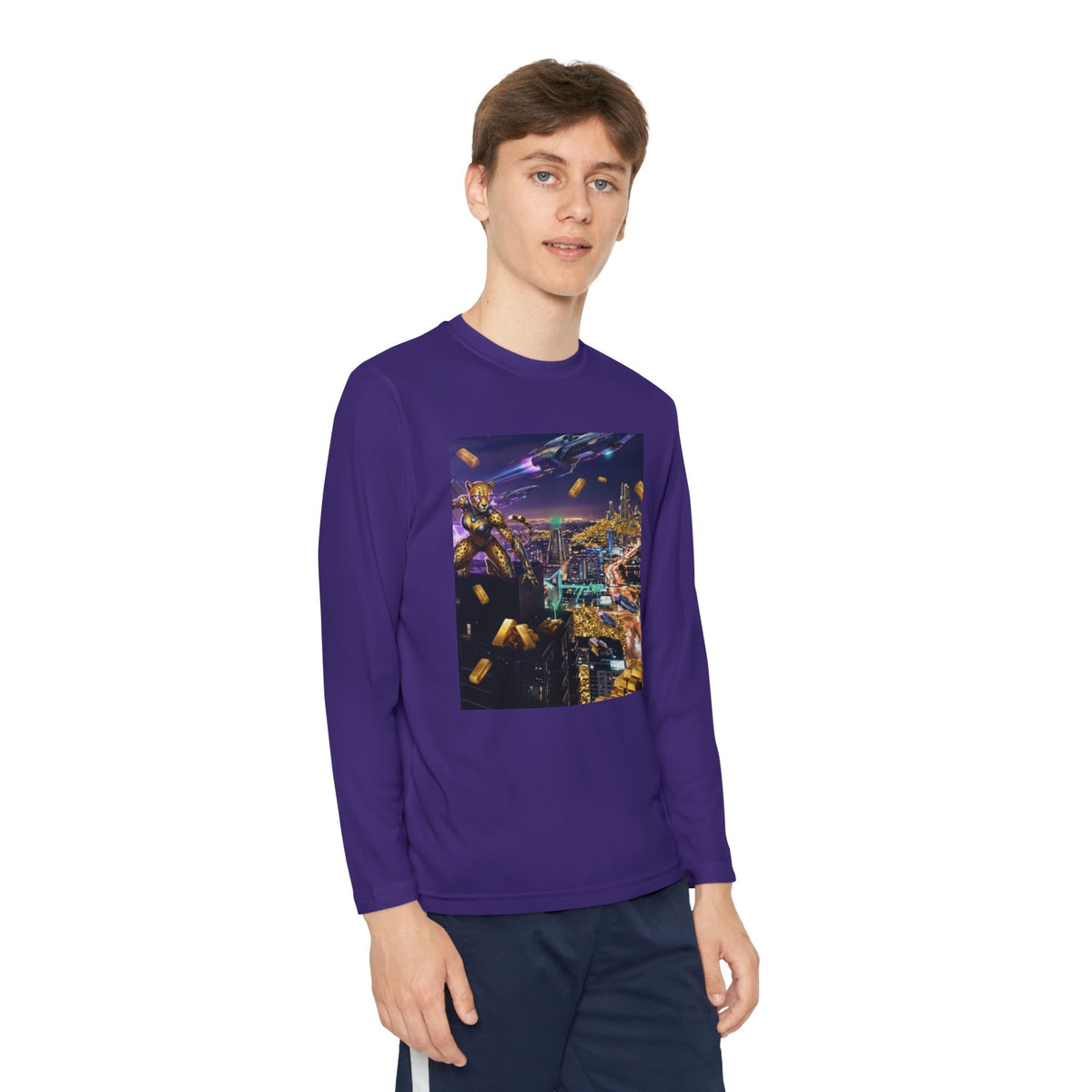 Youth Long Sleeve Tee – Colorful Night Cityscape Graphic Shirt