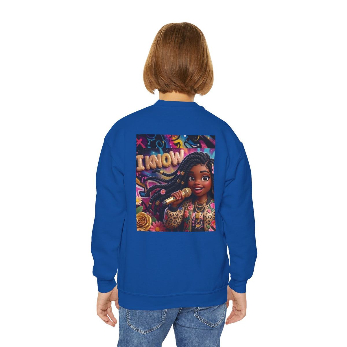 Youth Crewneck Sweatshirt – Colorful “I Know” Singer Character Design