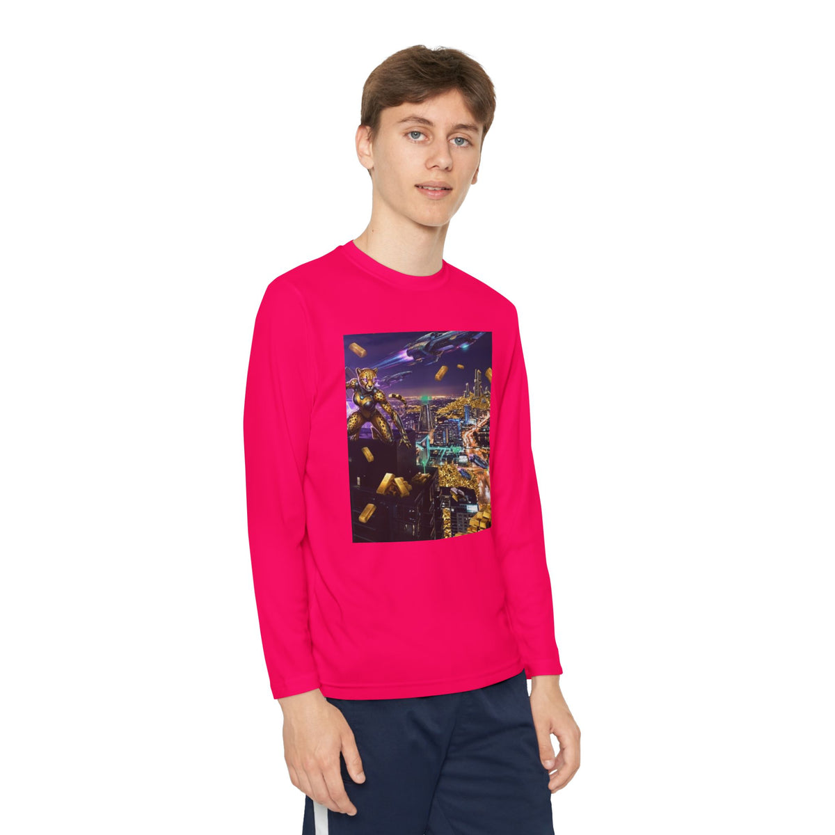 Youth Long Sleeve Tee – Colorful Night Cityscape Graphic Shirt